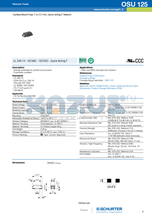 OSU125 datasheet - Surface Mount Fuse, 7.4 x 3.1 mm, Quick-Acting F, Telecom