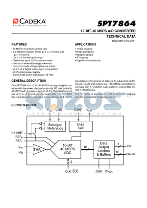 SPT7864SCR datasheet - 10-BIT, 40 MSPS A/D CONVERTER