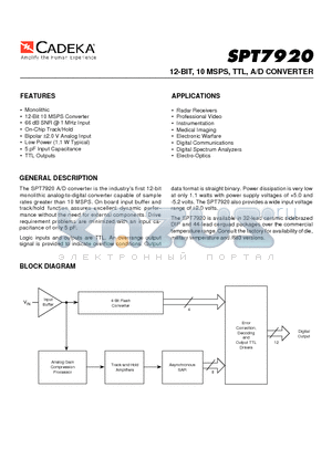 SPT7920 datasheet - 12-BIT, 10 MSPS, TTL, A/D CONVERTER