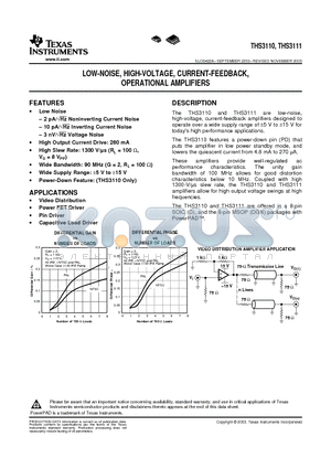 THS3111 datasheet - LOW-NOISE, HIGH-VOLTAGE, CURRENT-FEEDBACK, OPERATIONAL AMPLIFIERS