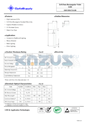 OSV5HA71A1B datasheet - 2x5x7mm Rectangular Violet LED