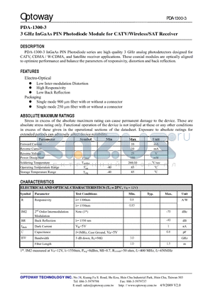 PDA-1301-3-VX datasheet - 3 GHz InGaAs PIN Photodiode Module for CATV/Wireless/SAT Receiver