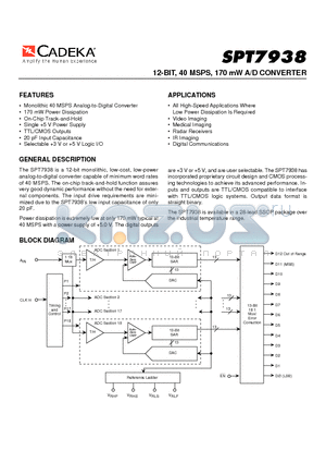 SPT7938SIR datasheet - 12-BIT, 40 MSPS, 170 mW A/D CONVERTER