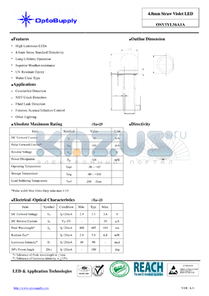 OSV5YL56A1A datasheet - 4.8mm Straw Violet LED 4.8mm Straw Standard Directivity Long Lifetime Operation