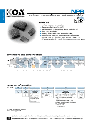 NPR1TTE100J datasheet - surface mount molded current sense resistor