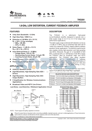 THS3201DGNR datasheet - 1.8-GHz, LOW DISTORTION, CURRENT FEEDBACK AMPLIFIER