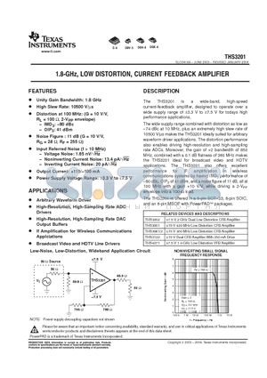THS3201DBVR datasheet - 1.8-GHz, LOW DISTORTION, CURRENT FEEDBACK AMPLIFIER