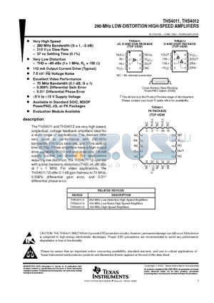 THS4011 datasheet - 290-MHz LOW-DISTORTION HIGH-SPEED AMPLIFIERS