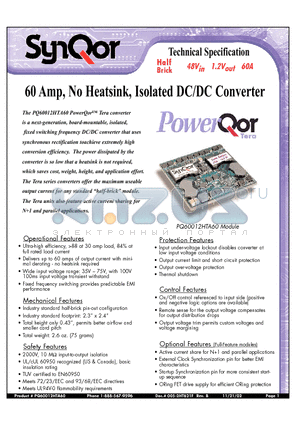 PQ60012HTA60 datasheet - 60 Amp, No Heatsink, Isolated DC/DC Converter