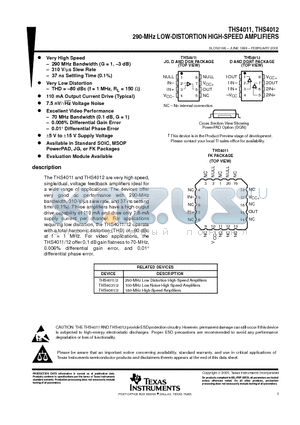 THS4011MFK datasheet - 290-MHz LOW-DISTORTION HIGH-SPEED AMPLIFIERS
