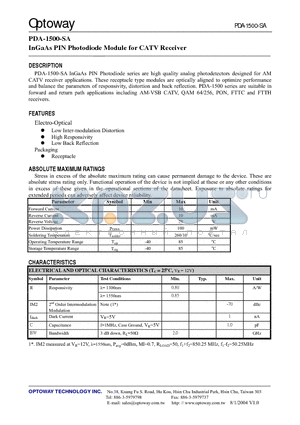 PDA-1500-FA datasheet - InGaAs PIN Photodiode Module for CATV Receiver