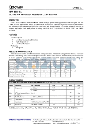 PDA-1500-SA datasheet - InGaAs PIN Photodiode Module for CATV Receiver