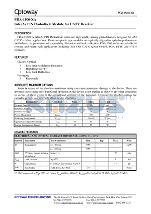 PDA-1500-SA datasheet - InGaAs PIN Photodiode Module for CATV Receiver