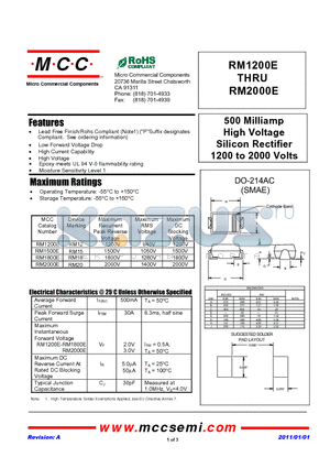 RM1200E datasheet - 500 Milliamp High Voltage Silicon Rectifier 1200 to 2000 Volts