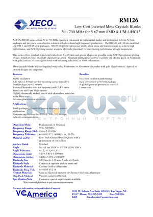 RM126 datasheet - Low Cost Inverted Mesa Crystals Blanks 50 - 700 MHz for 5 x7 mm SMD & UM-1/HC45