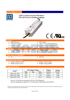 PDA125X-1A0F datasheet - 125W Constant Current LED Driver PDA125 Series for Outdoor Lighting