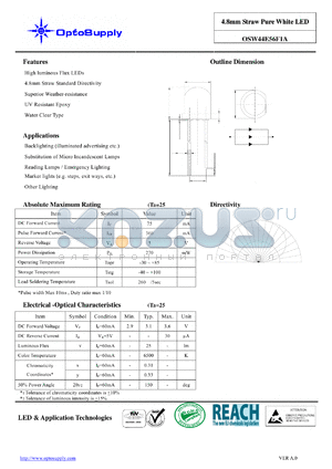 OSW44E56F1A datasheet - 4.8mm Straw Pure White LED High luminous Flux LEDs Superior Weather-resistance