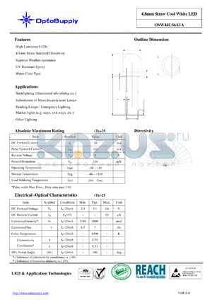 OSW44L56A1A datasheet - 4.8mm Straw Cool White LED