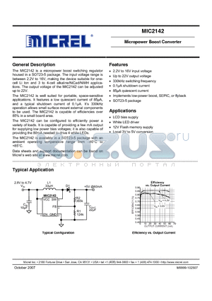 MIC2142 datasheet - Micropower Boost Converter