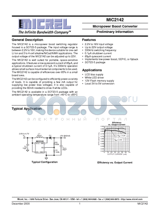 MIC2142BM5 datasheet - Micropower Boost Converter