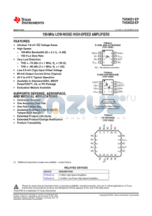 THS4031-EP datasheet - 100-MHz LOW-NOISE HIGH-SPEED AMPLIFIERS