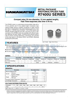 R7400U-01 datasheet - METAL PACKAGE PHOTOMULTIPLIER TUBE
