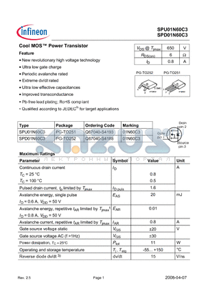 SPU01N60C3_08 datasheet - Cool MOS Power Transistor