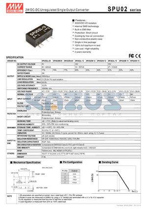 SPU02 datasheet - 2W DC-DC Unregulated Single Output Converter
