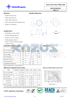 OSW4XME1E1E datasheet - Xeon 1 Power Pure White LED Super energy efficiency Highest Luminous Flux