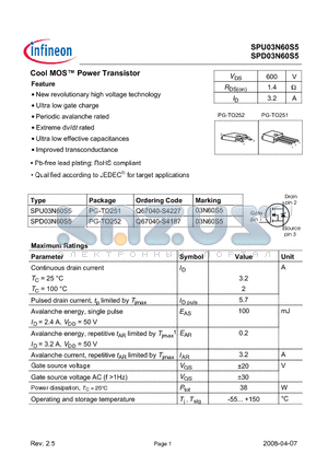 SPU03N60S5_08 datasheet - Cool MOS Power Transistor