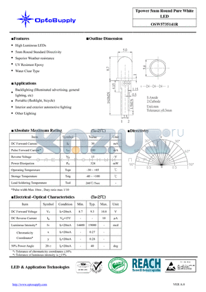 OSW5735141R datasheet - Tpower 5mm Round Pure White LED