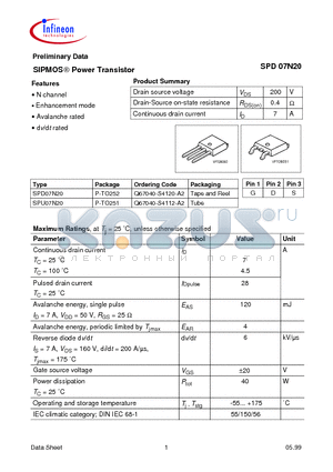 SPU07N20 datasheet - SIPMOS Power Transistor