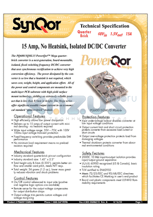 PQ60015QML15NKS datasheet - 15 Amp, No Heatsink, Isolated DC/DC Converter