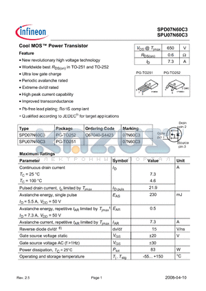 SPU07N60C3 datasheet - Cool MOS Power Transistor