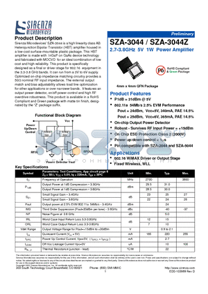 SZA-3044 datasheet - 2.7-3.8GHz 5V 1W Power Amplifier