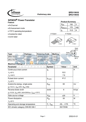 SPU11N10 datasheet - SIPMOS Power-Transistor