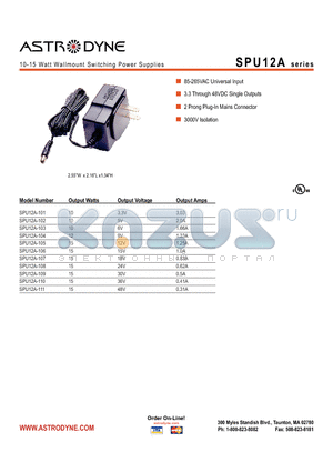 SPU12A datasheet - 10-15 Watt Wallmount Switching Power Supplies