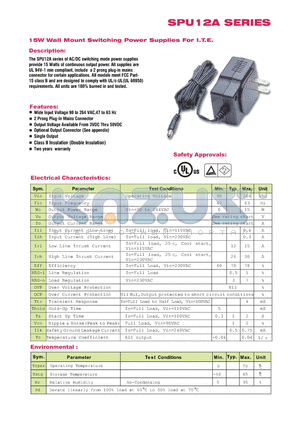 SPU12A-108 datasheet - 15W Wall Mount Switching Power Supplies For I.T.E.