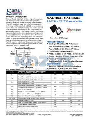 SZA-2044Z datasheet - 2.0-2.7 GHz 5V 1W Power Amplifier