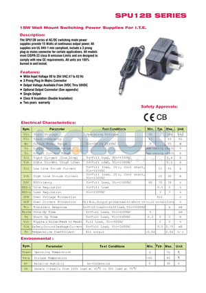 SPU12B-109 datasheet - 15W Wall Mount Switching Power Supplies For I.T.E.