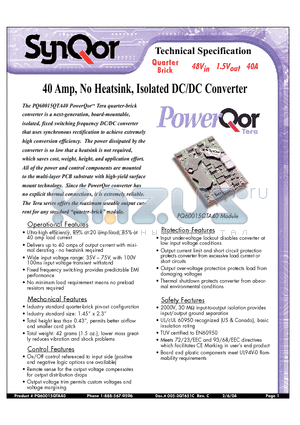 PQ60015QTA40NYS datasheet - 40 Amp, No Heatsink, Isolated DC/DC Converter