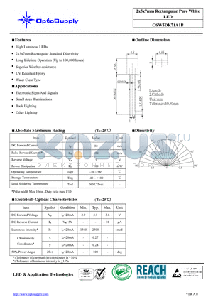 OSW5DK71A1B datasheet - 2x5x7mm Rectangular Pure White LED