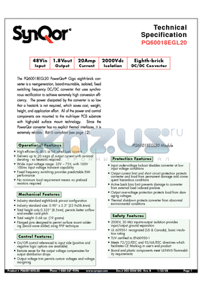 PQ60018EGA20PNS datasheet - Eighth-brick DC/DC Converter