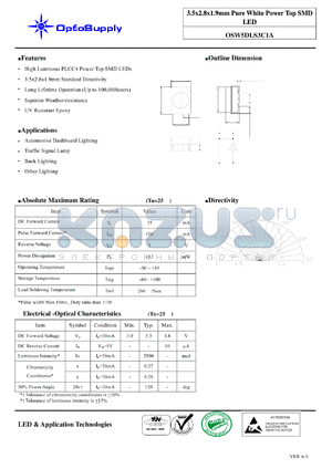 OSW5DLS3C1A datasheet - 3.5x2.8x1.9mm Pure White Power Top SMD LED