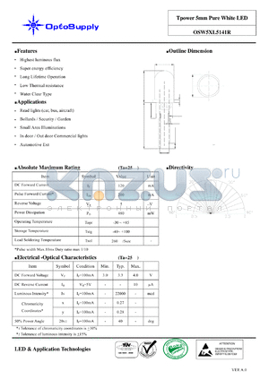 OSW5XL5141R datasheet - Tpower 5mm Pure White LED