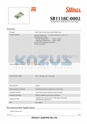 SB1118C-0002 datasheet - Single Color 1608 (h=0.35 mm) Type