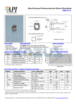 PDB-C113 datasheet - Blue Enhanced Photoconductive Silicon Photodiode