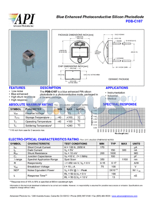 PDB-C107 datasheet - Blue Enhanced Photoconductive Silicon Photodiode