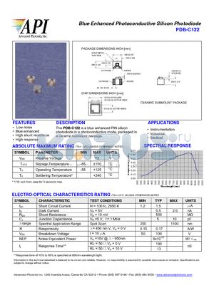 PDB-C122 datasheet - Blue Enhanced Photoconductive Silicon Photodiode