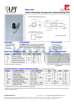 PDB-C134F datasheet - Plastic Photodiode Package with Visible Blocking Filter